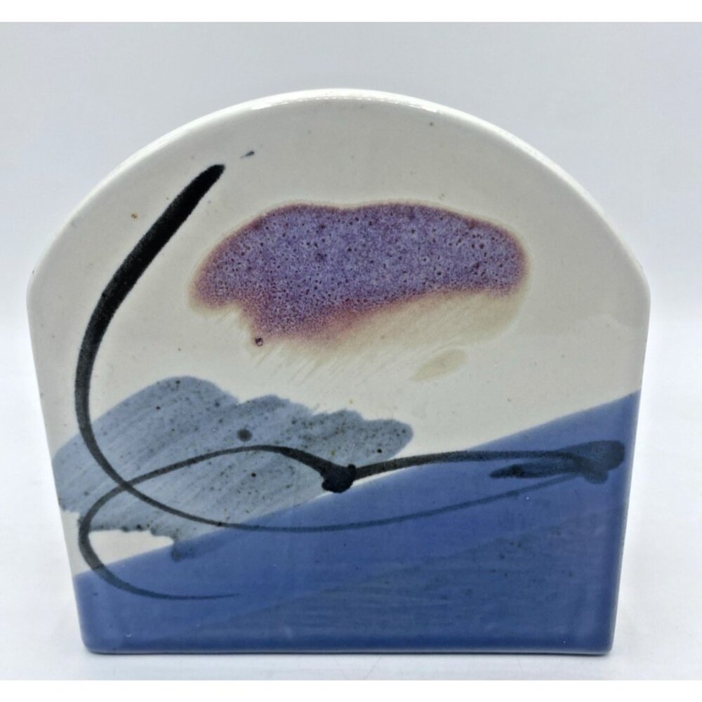 Vintage Handmade Pottery Blue Napkin Holder Coastal Kitchen Decor Seagull